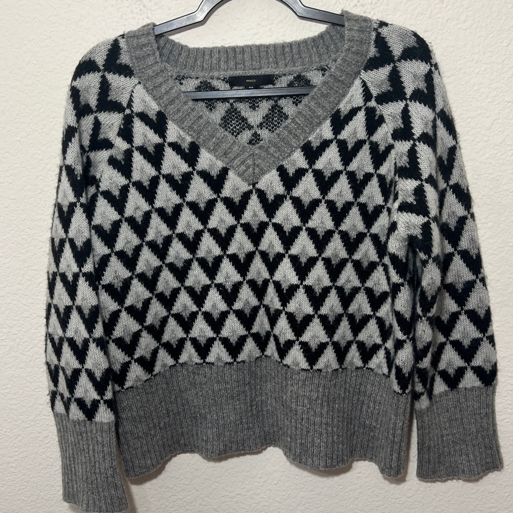 MM & CO.  V NECK CHECKered WOOL BLEND KNIT oversized SWEATER Sz XS grandmacore